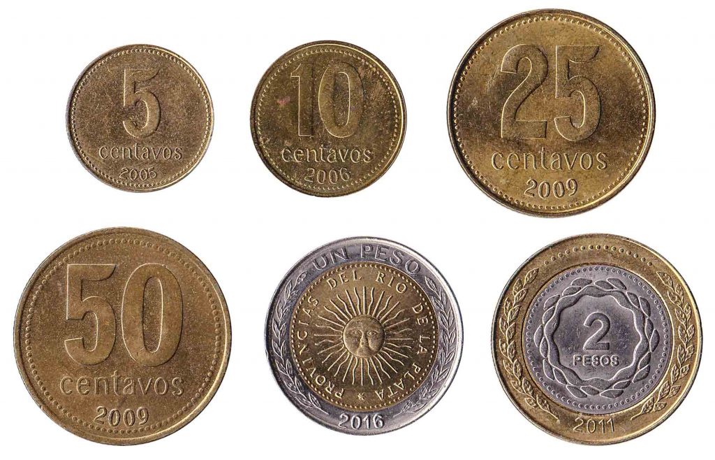Different denominations of peso coin