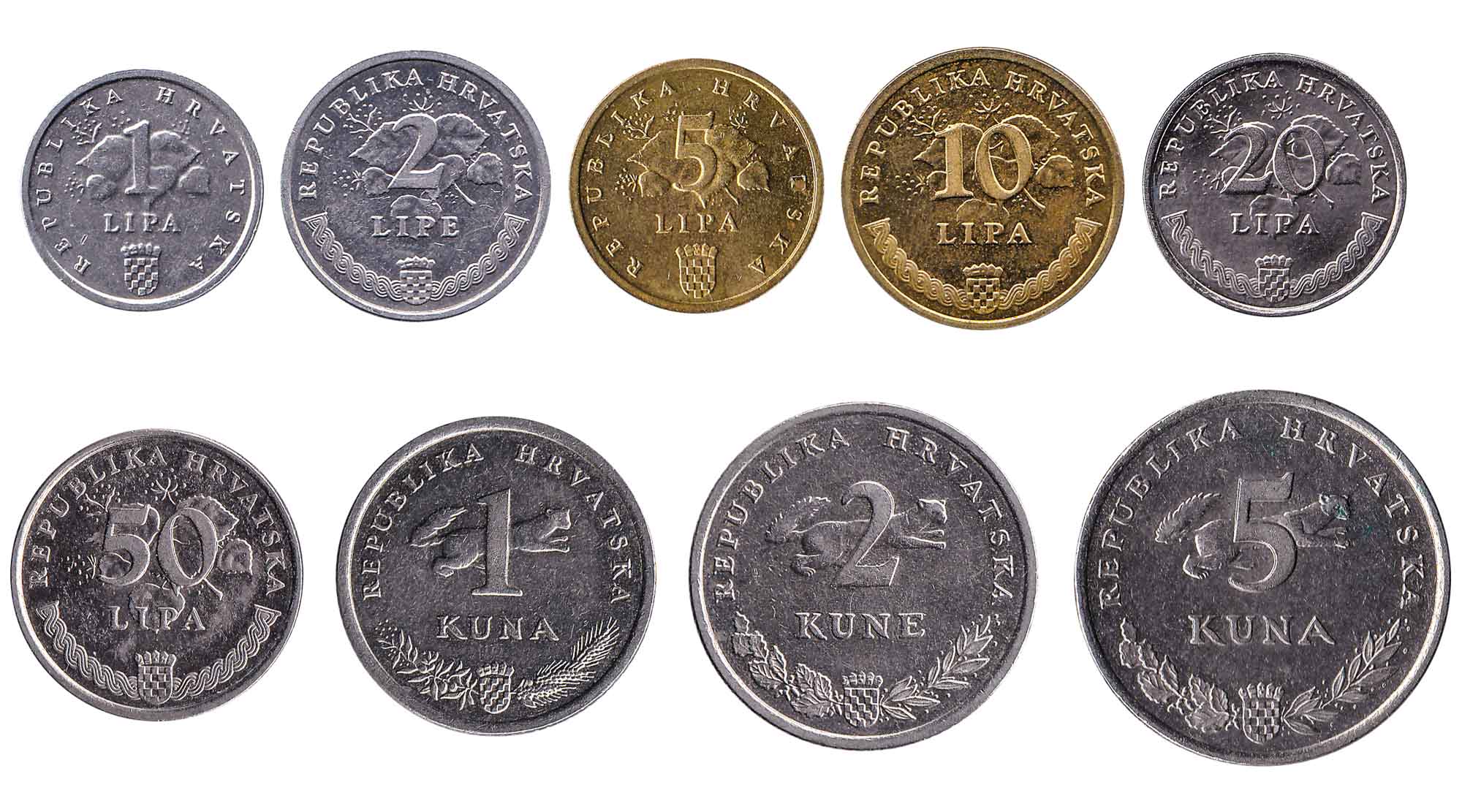 Croatian coins range from 1 lipa (0.01 HRK) to 5 kuna. 