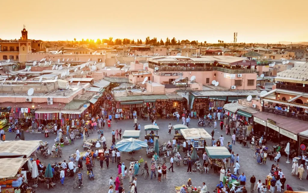 Birds eye view of Jemaa el-Fnaa market in Morocco