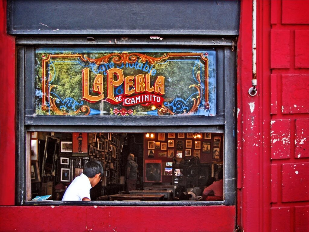 Colourful red frontage of the Lunfardo Bar Buenos Aires