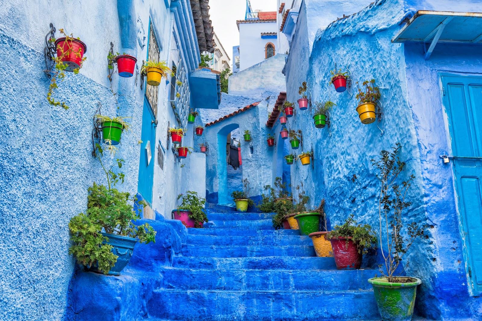 the blue buildings of Chefchaouen, nicknamed the "Blue City".