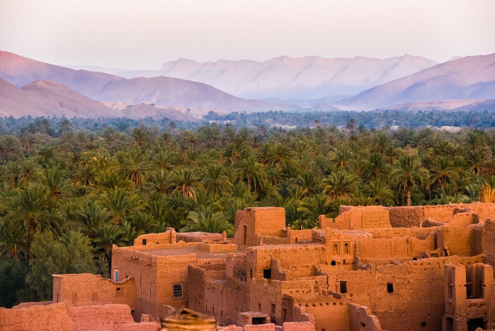 birds eye view of the buildings in Morocco, with palm trees and the Atlas Mountains in the background.