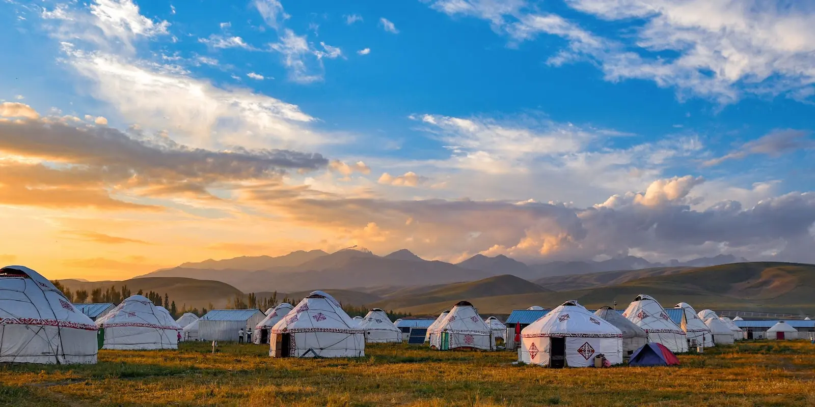 A group of Mongolian yurts over looking a mountain range.