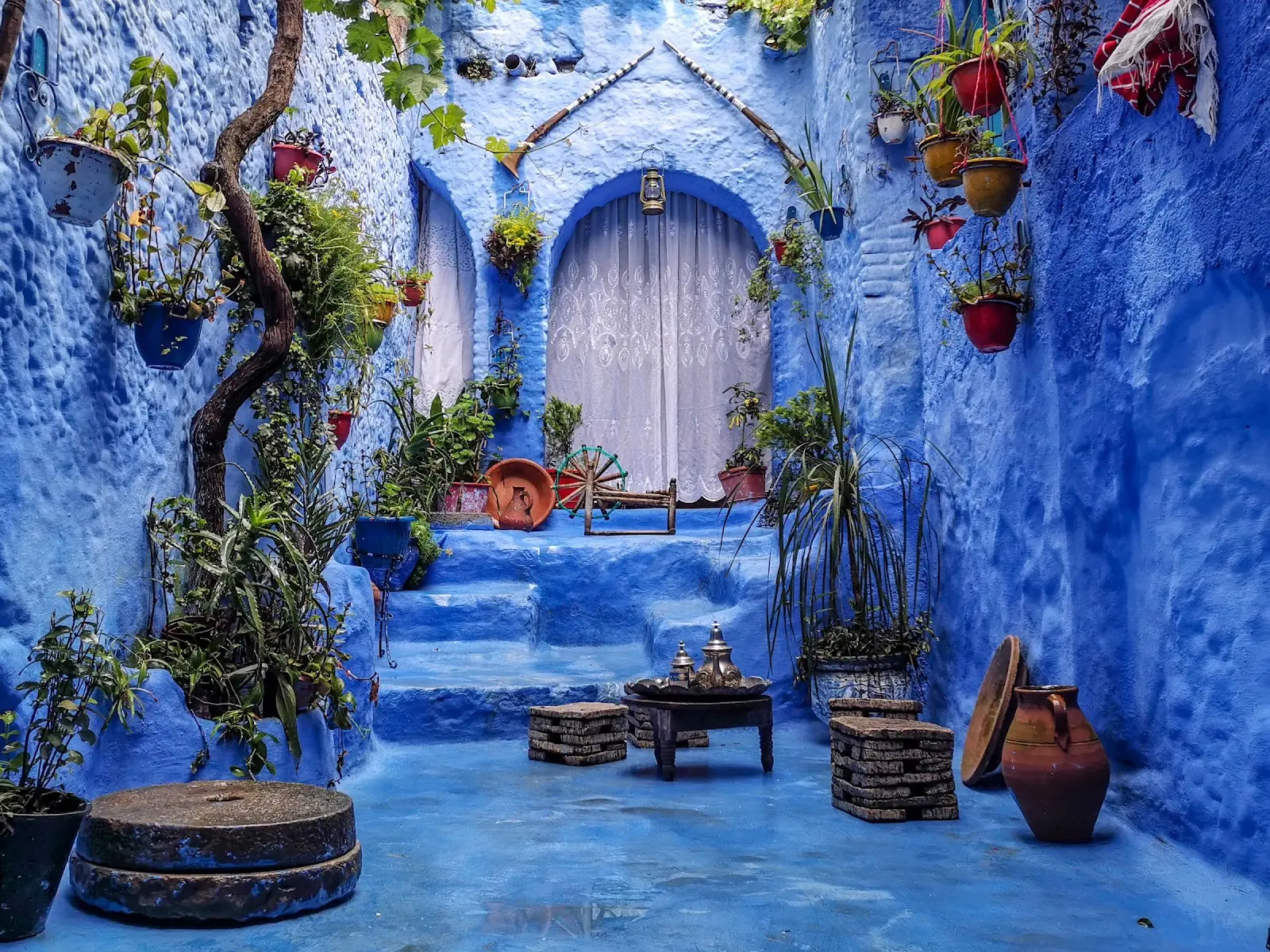 A small blue painted courtyard with pot plants on the walls.