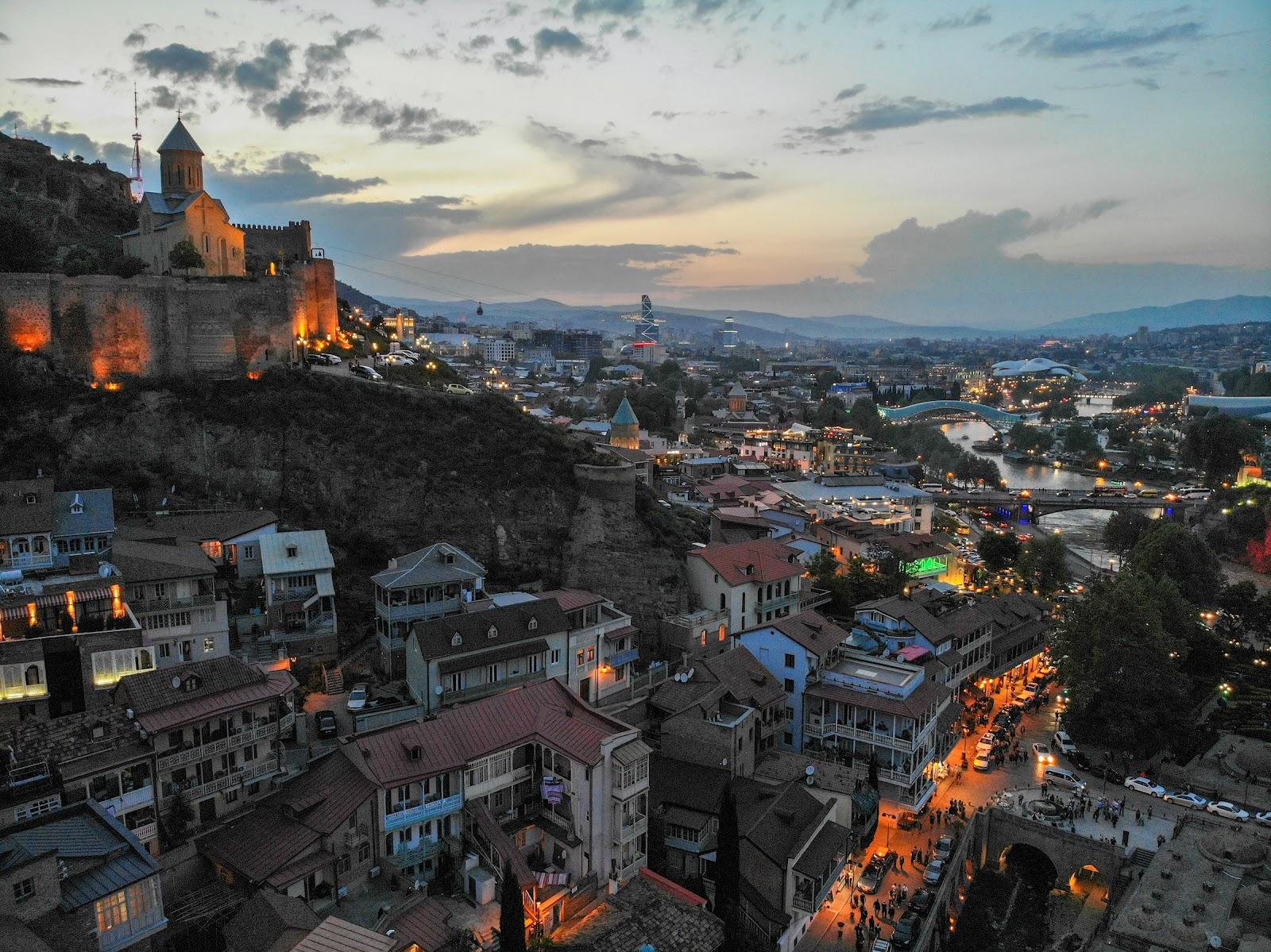 A view of Tbilisi at sunset, the capital city of Georgia