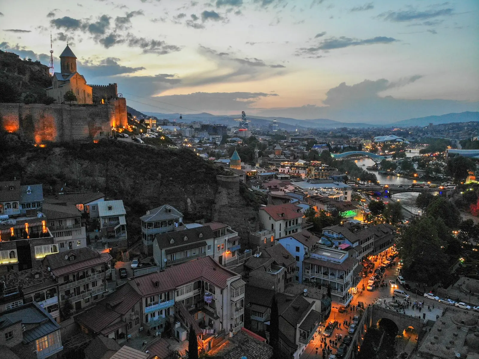 A view of Tbilisi at sunset, the capital city of Georgia