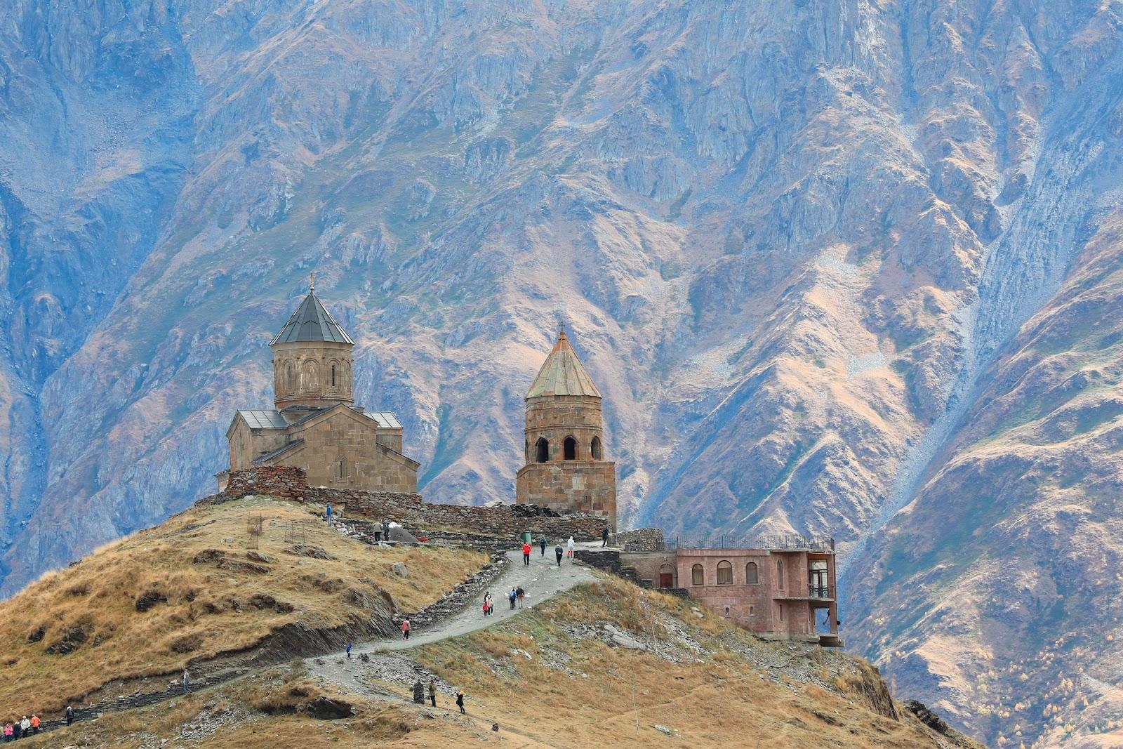 Gergeti Trinity Church located near the village of Stepantsminda in Georgia