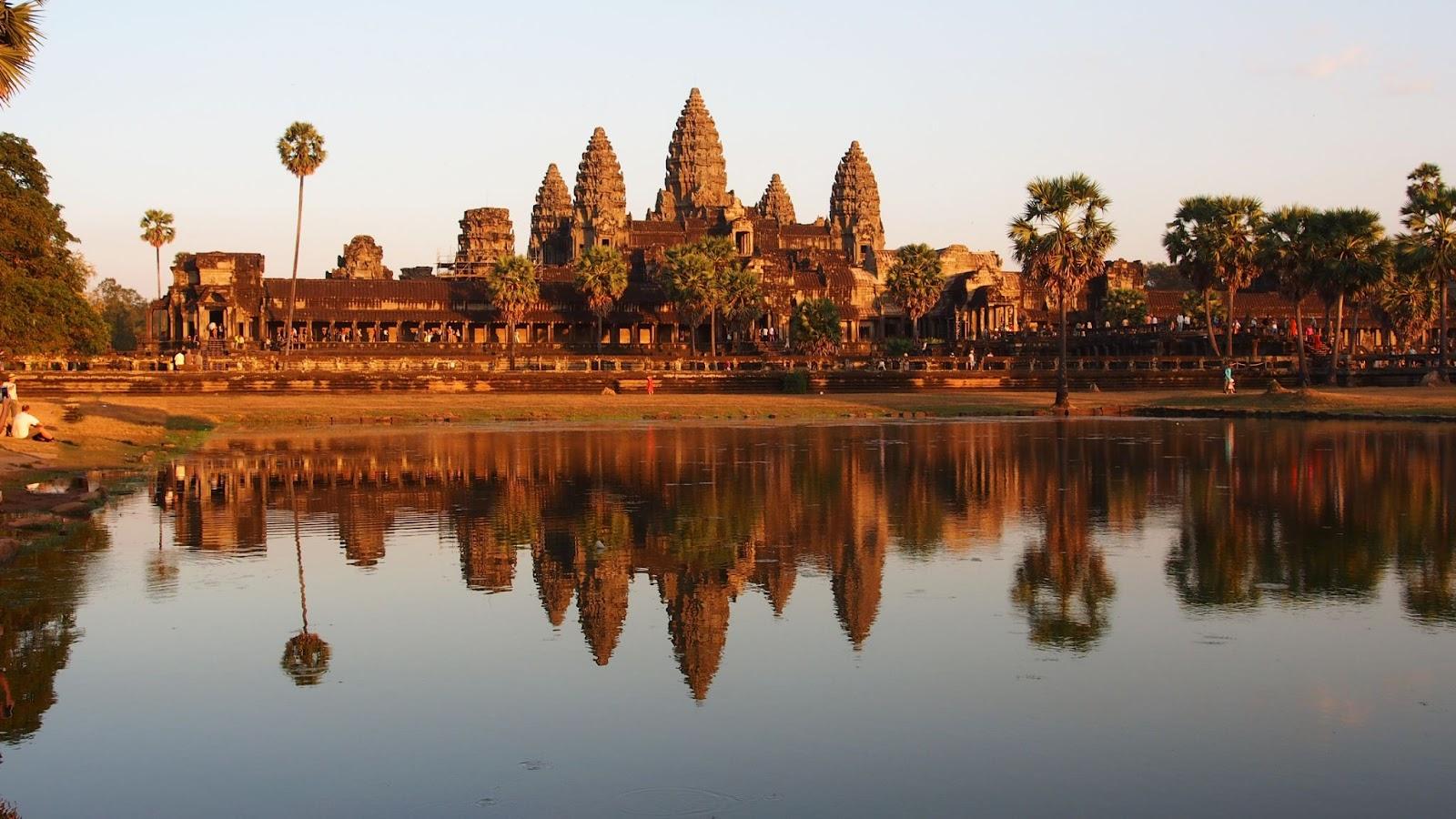 A Cambodian temple overlooking a lake.