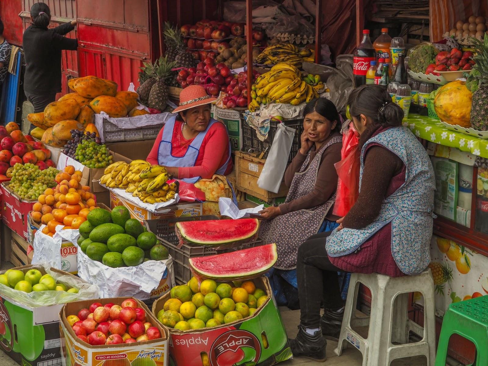 Women fruit sellers in the street market of La Paz Bolivia
