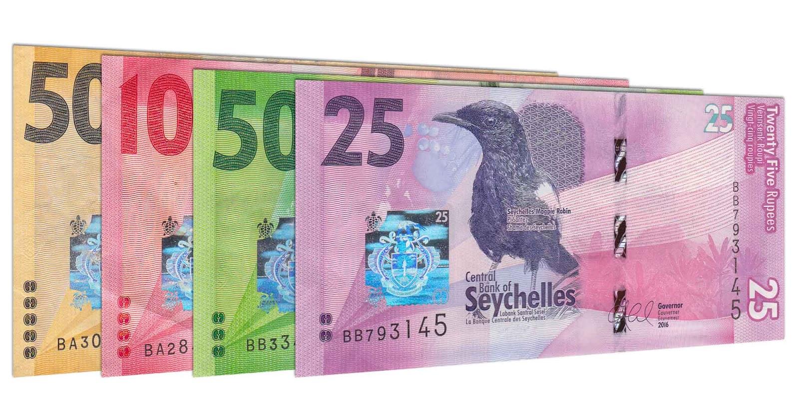 A colourful collection of Seychelles bank notes. 
