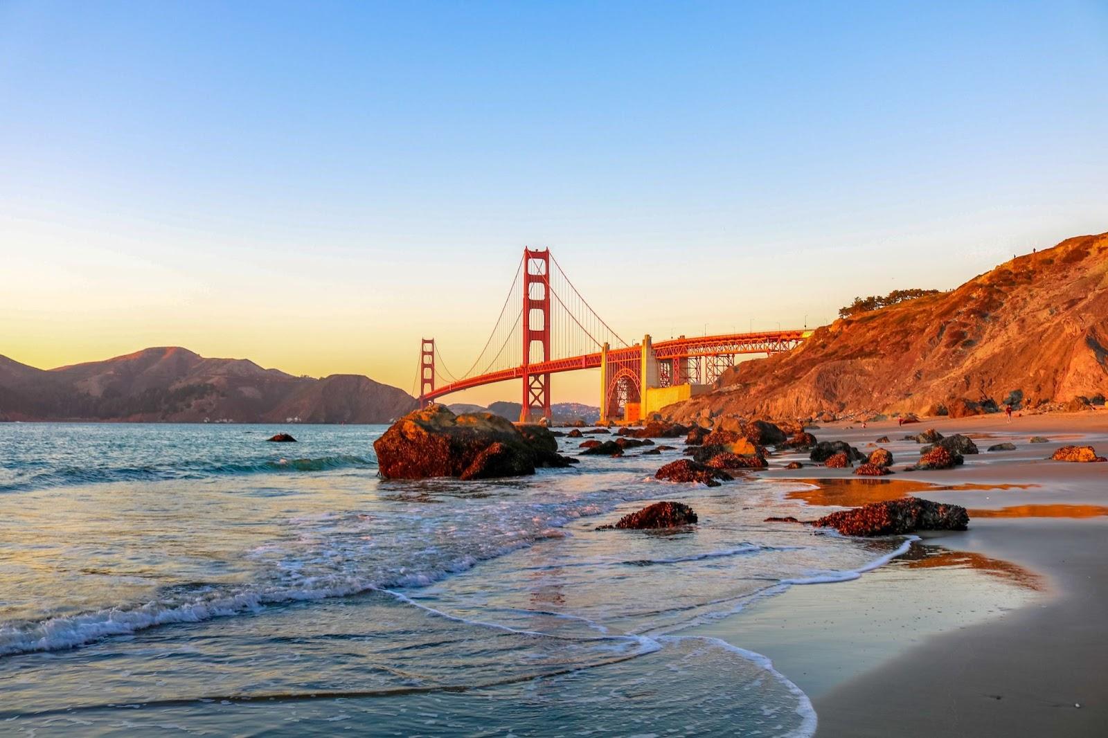view of the San Francisco Golden gates bridge at sunset
