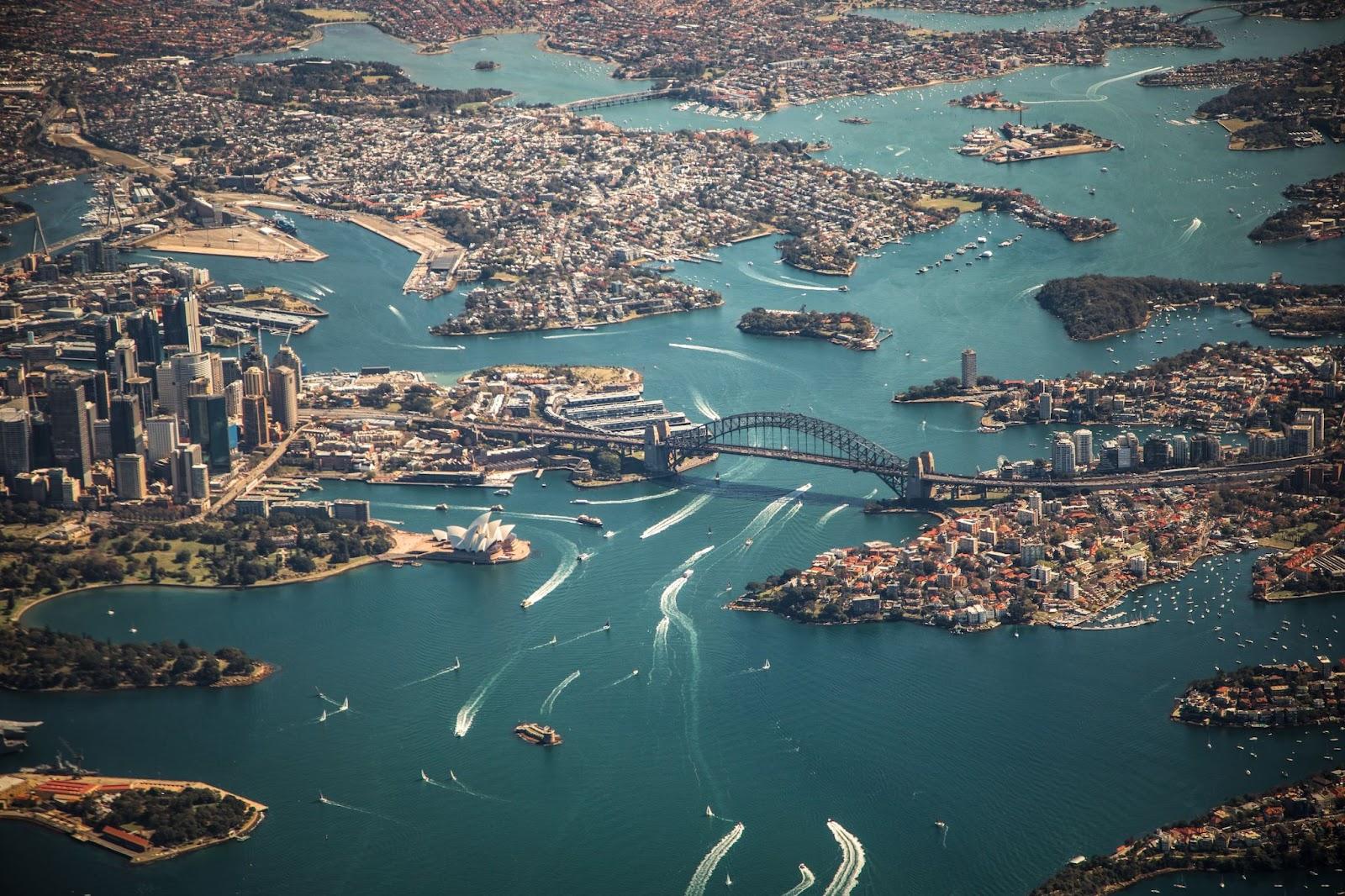 Aerial view over Sydney bridge