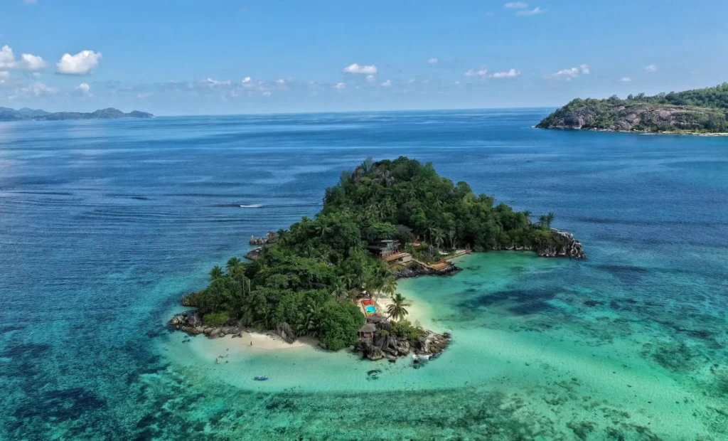 aerial view of the Seychelles islands and ocean