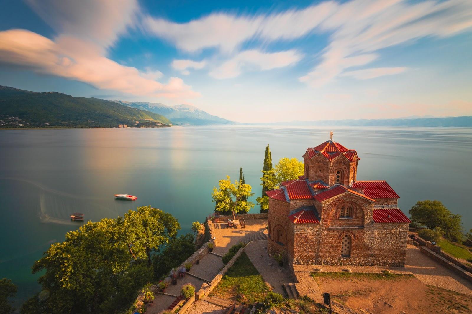Saint John the Theologian, Kaneo situated on the cliff over Kaneo Beach overlooking Lake Ohrid in the city of Ohrid, North Macedonia.