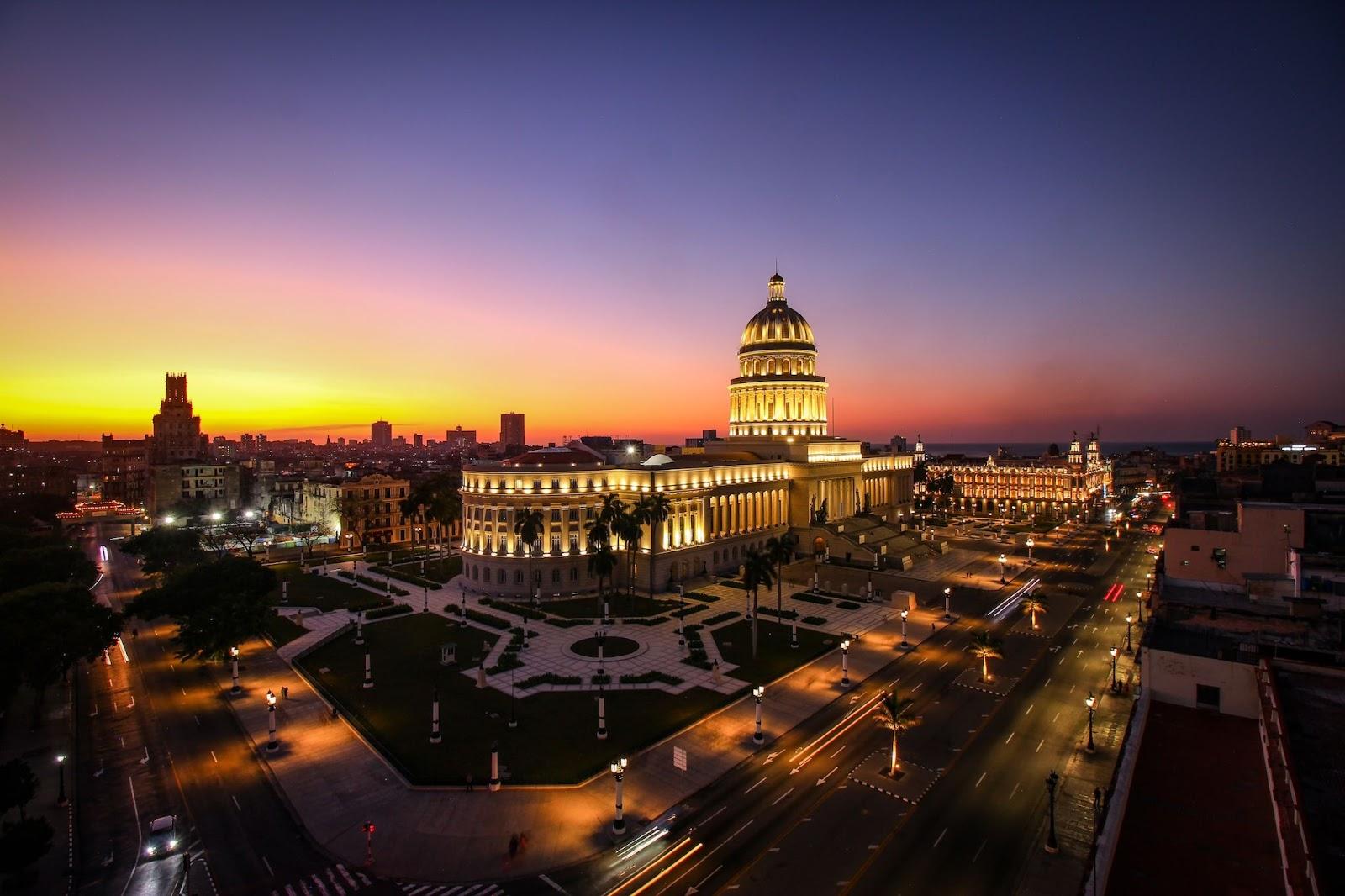 National Capitol of Cuba building at sunset.