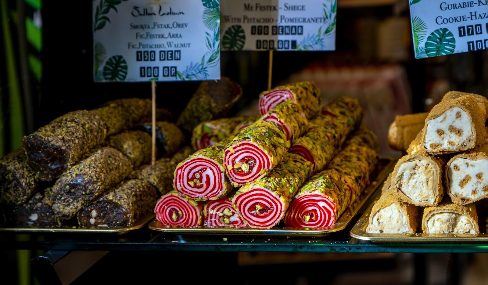 Colourful sweets in the window of the old bazaar sweets shop. North Macedonia