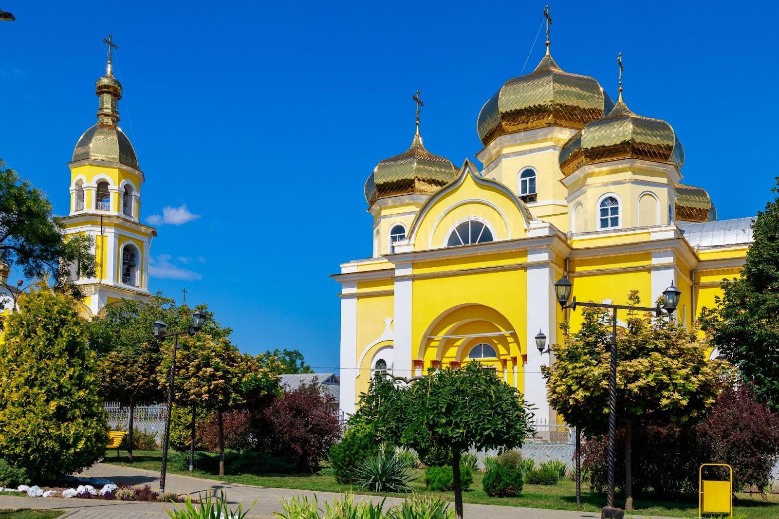 Yellow church in central park Gagauzia, Moldova
