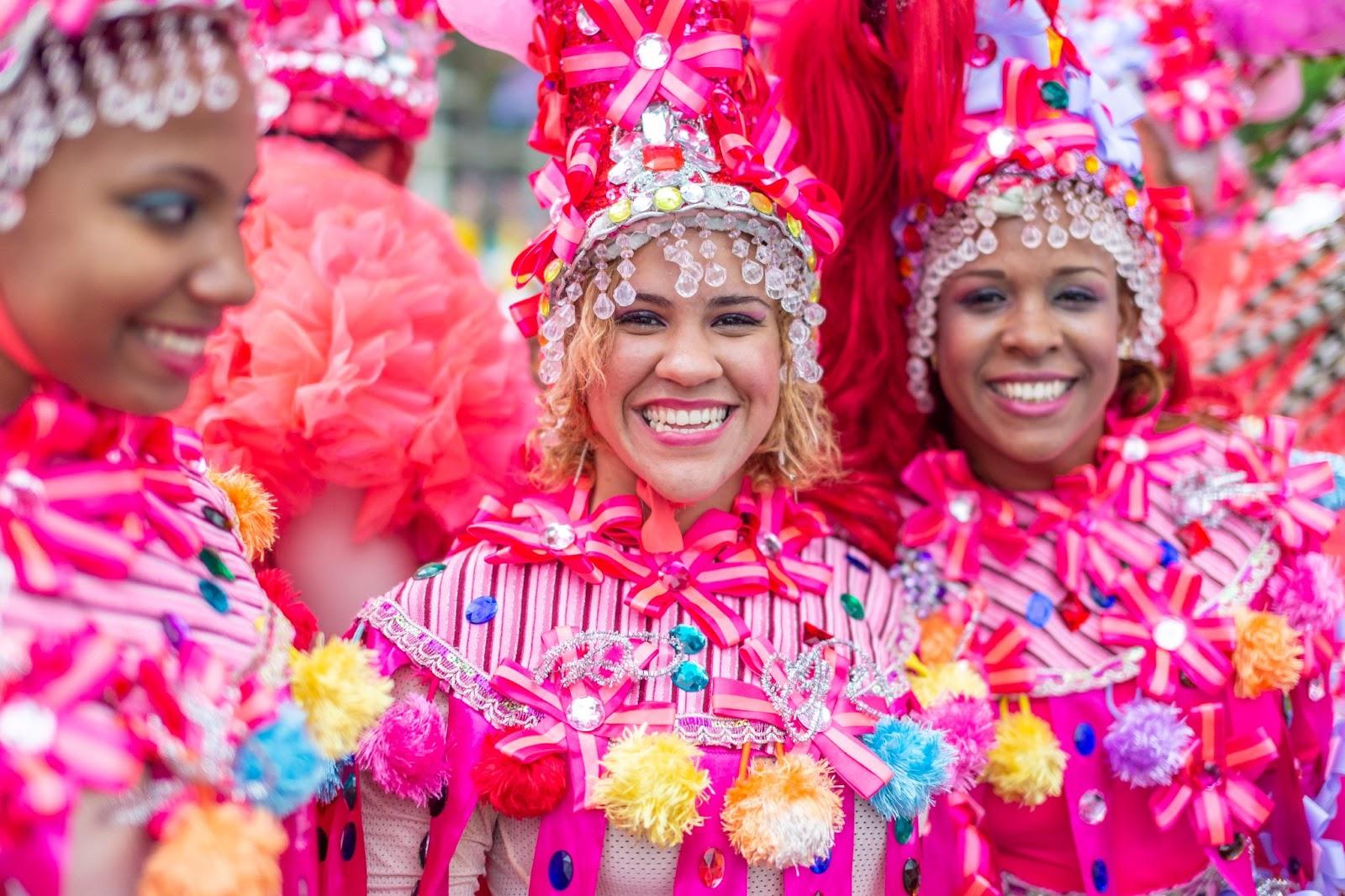 Women wearing traditional dress. National Dominican Carnival parade in the Santo Domingo Malecon