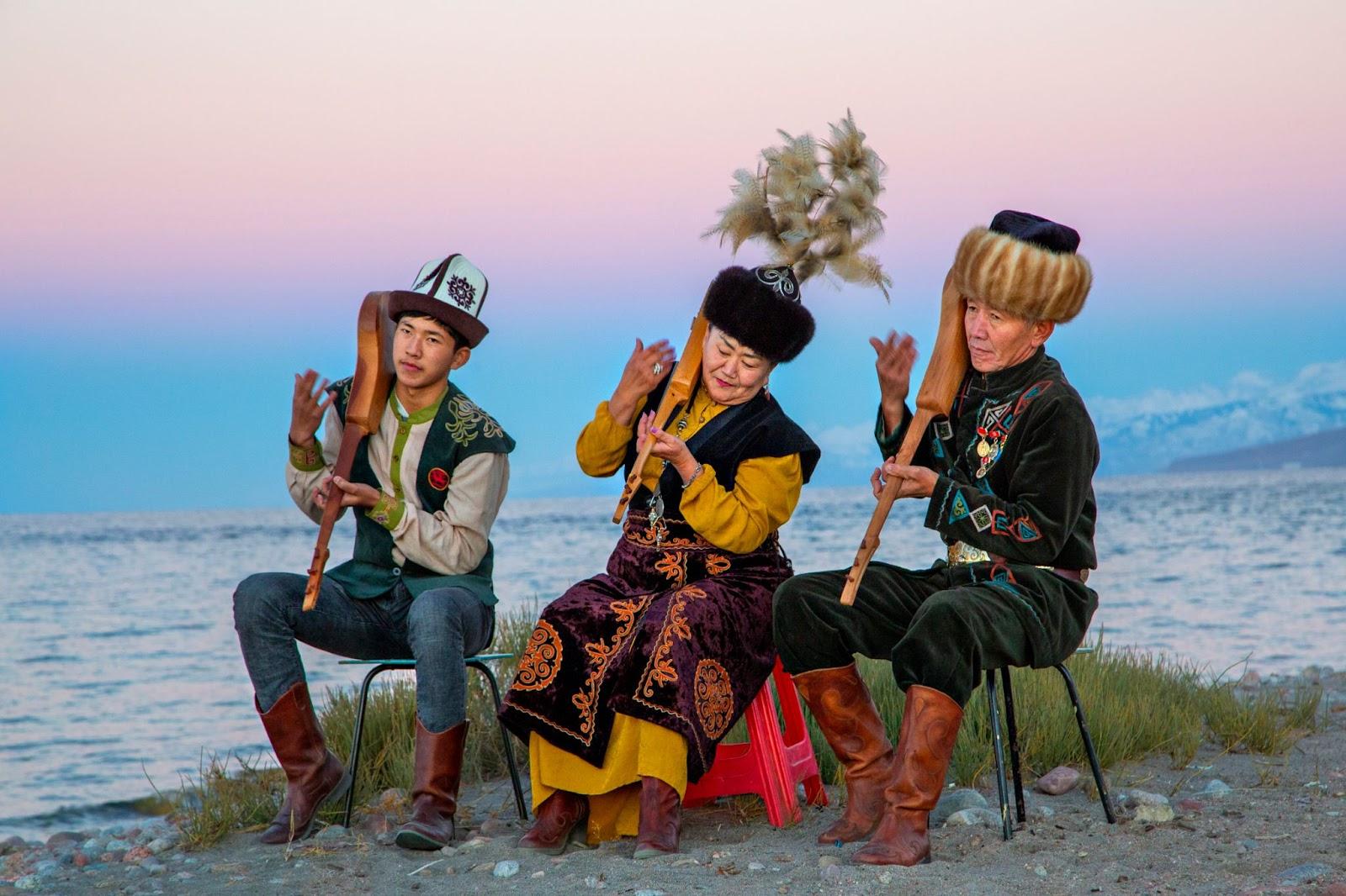 Musicians play local traditional instruments, in Issyk Kul, Kyrgyzstan.
