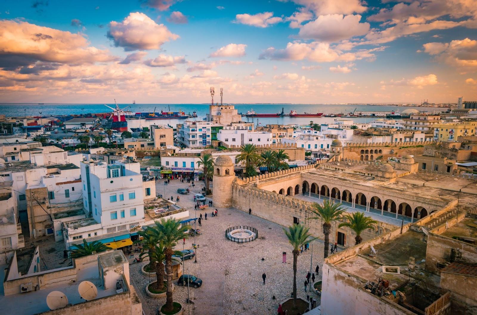 A historical view of a town over looking a Tunisian town. 