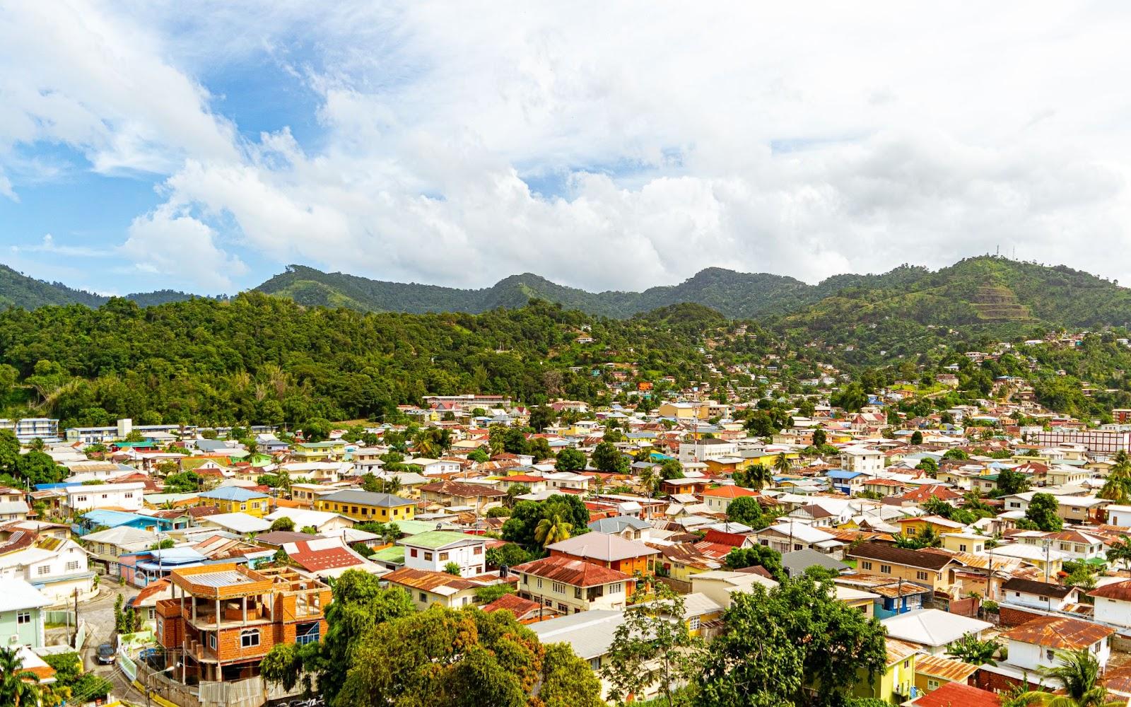 Aerial Photo of Belmont, Port of Spain, Trinidad with Lush Green Mountain as background