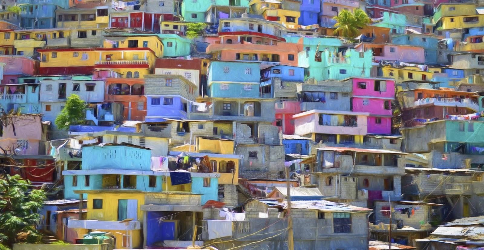 Multicoloured houses stacked up a hillside in Port-Au-Prince, Haiti