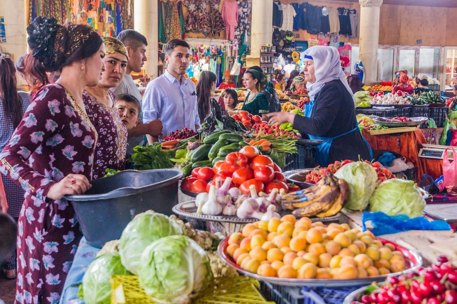  Fruit and vegetable stalls at bazaar in Penjikent, Tajikistan