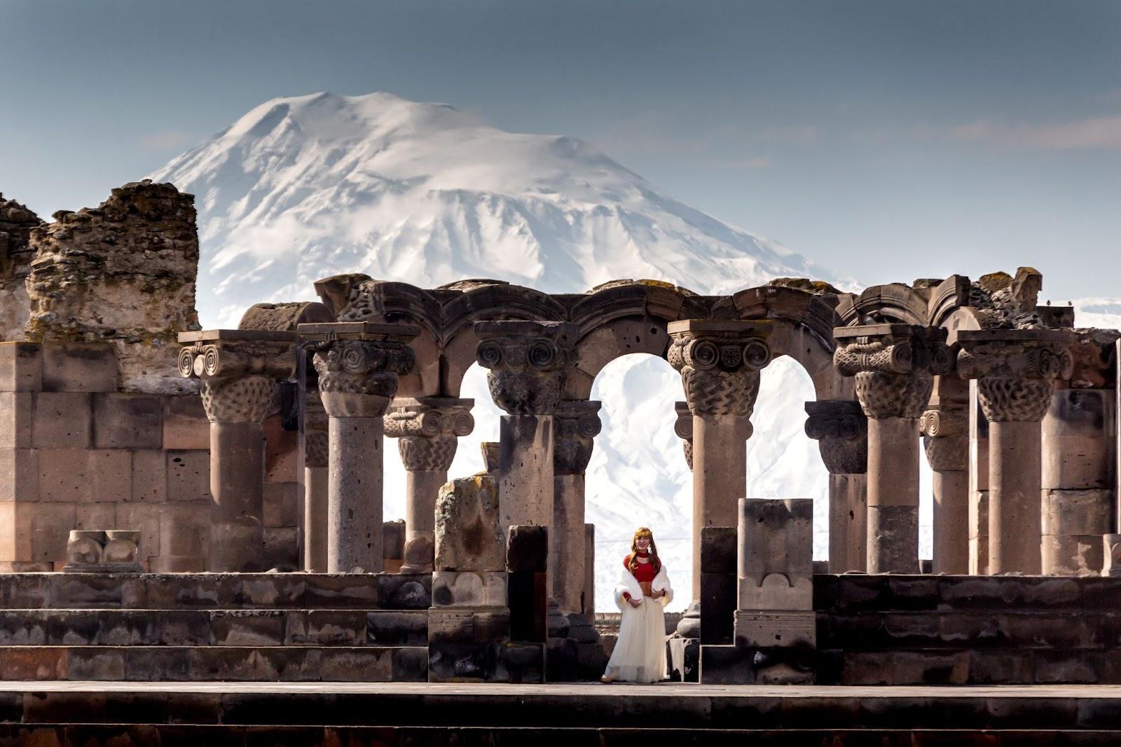 Ruins of the Zvartnos temple in Yerevan, Armenia, with Mt Ararat in the background