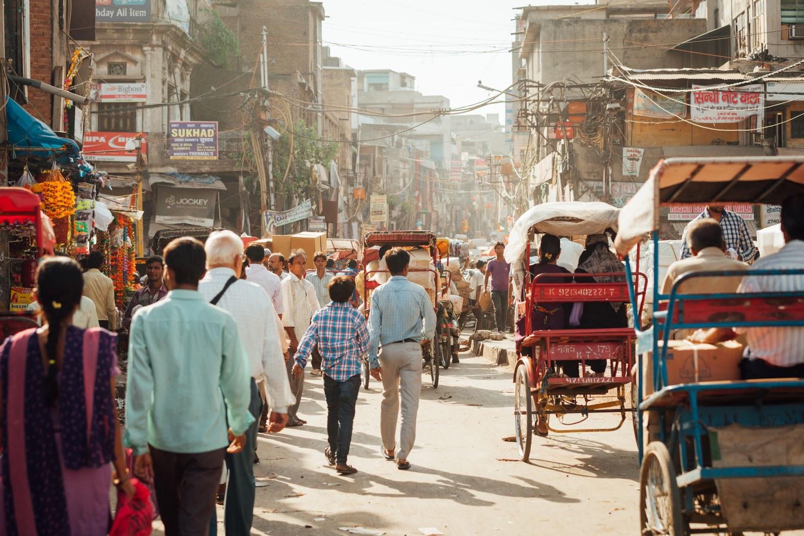 Crowd of people on the street of Chandni Chowk in Old Delhi, India
