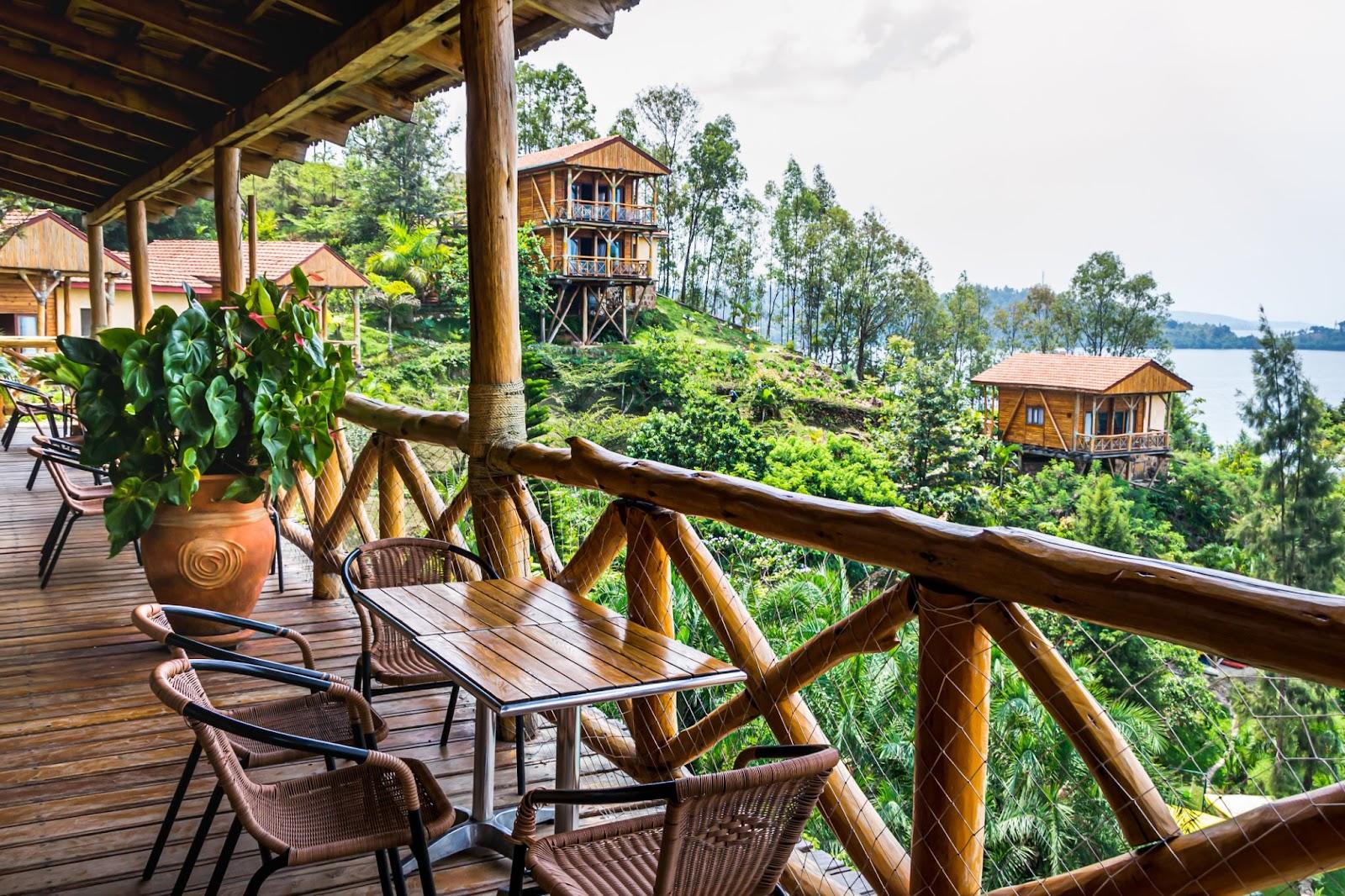 Cormoran Lodge hotel, scenic spectacular view on Lake Kivu. Karongi district, Rwanda