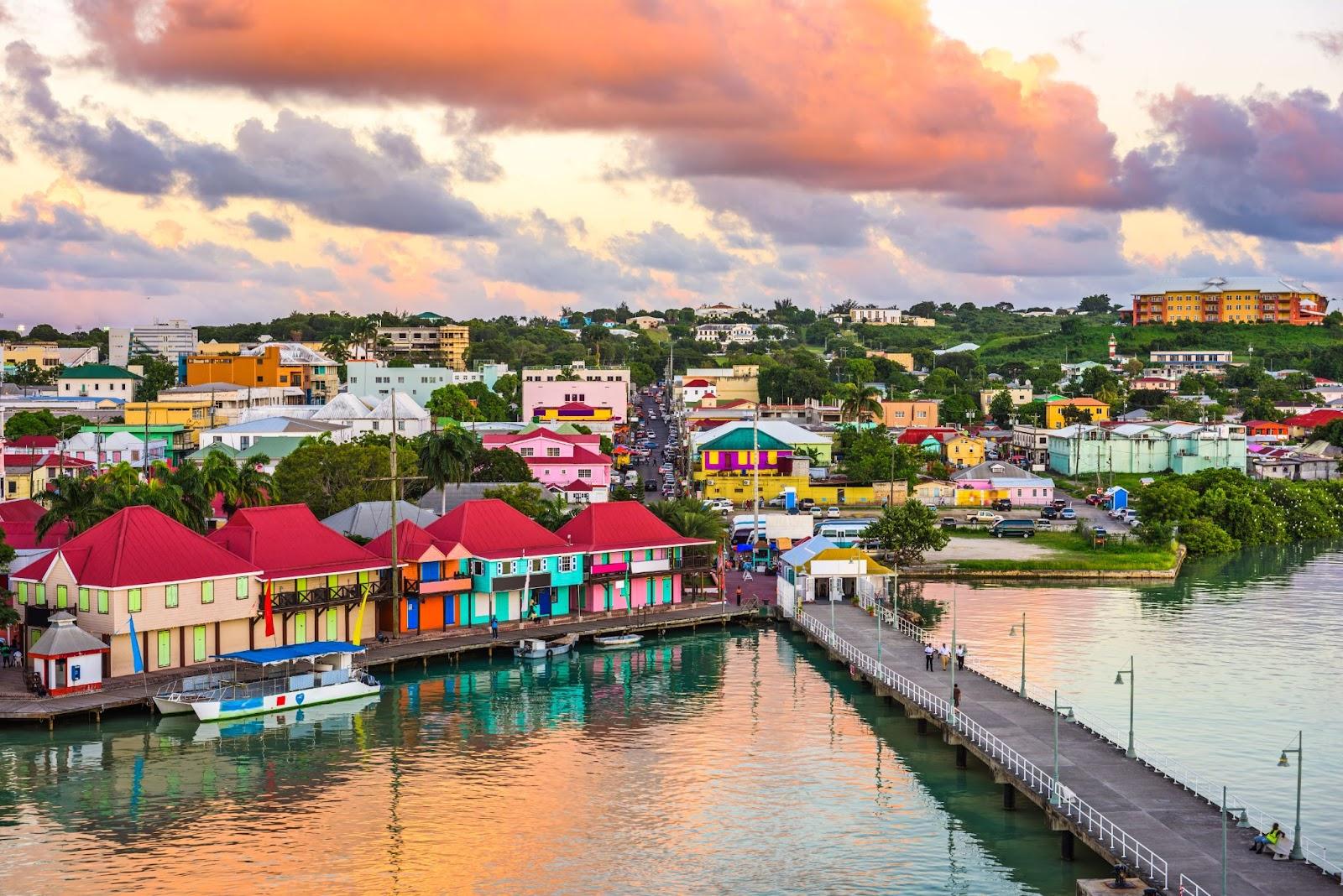 St. John's, Antigua port and skyline at dusk. East Caribbean