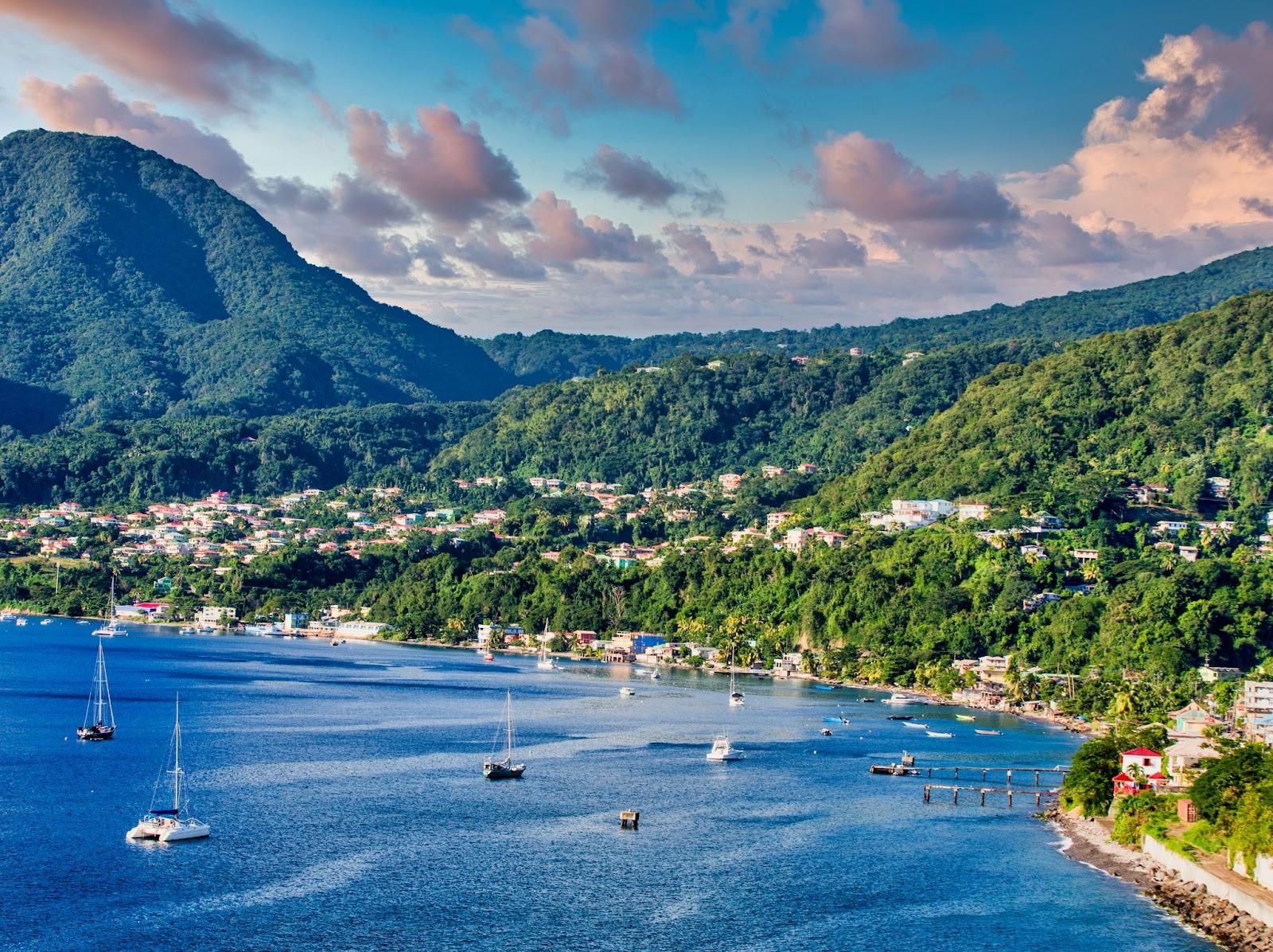 Blue Water and Green Hills of Dominica in the East Caribbean
