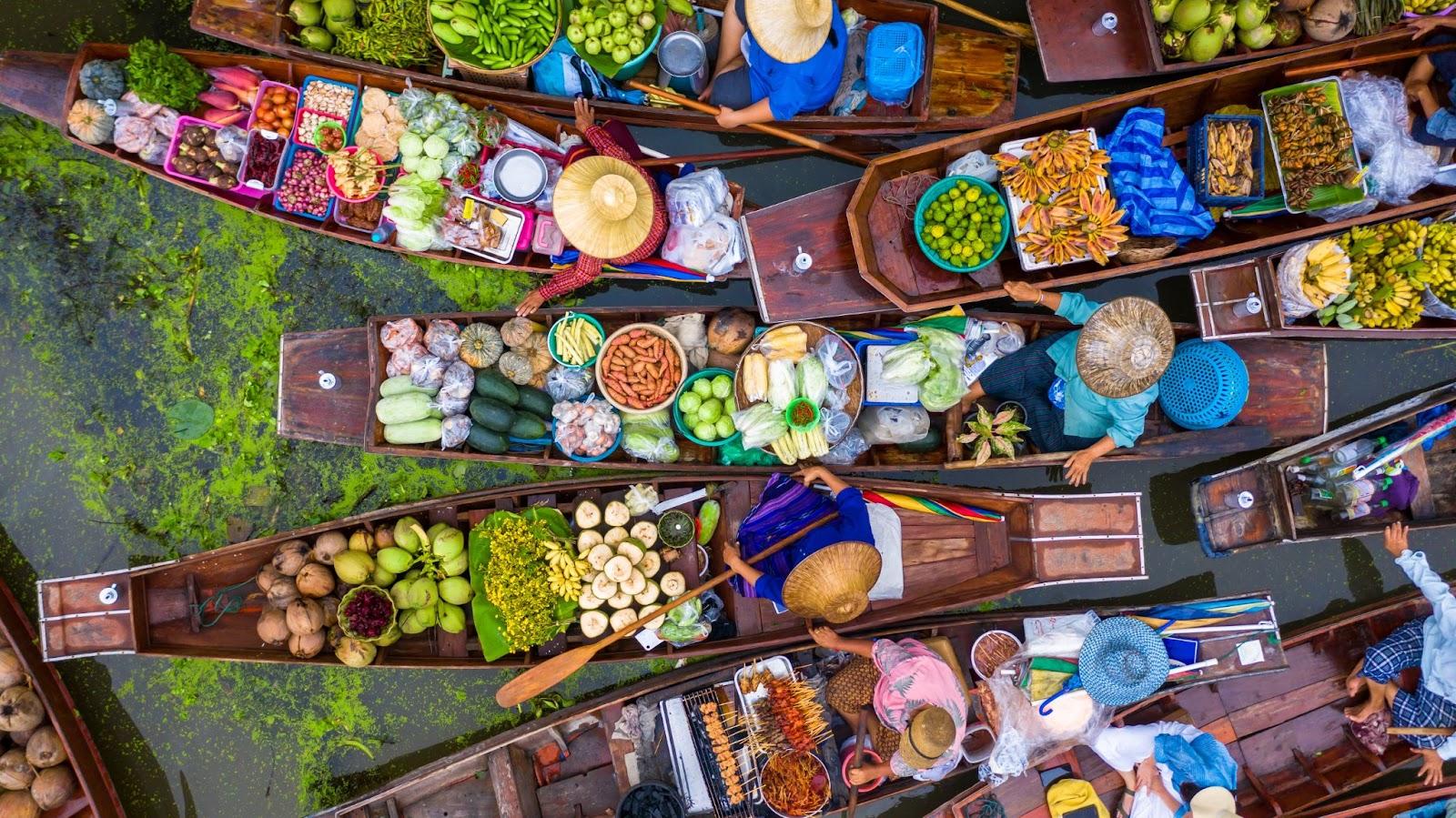 Aerial view famous floating market in Thailand