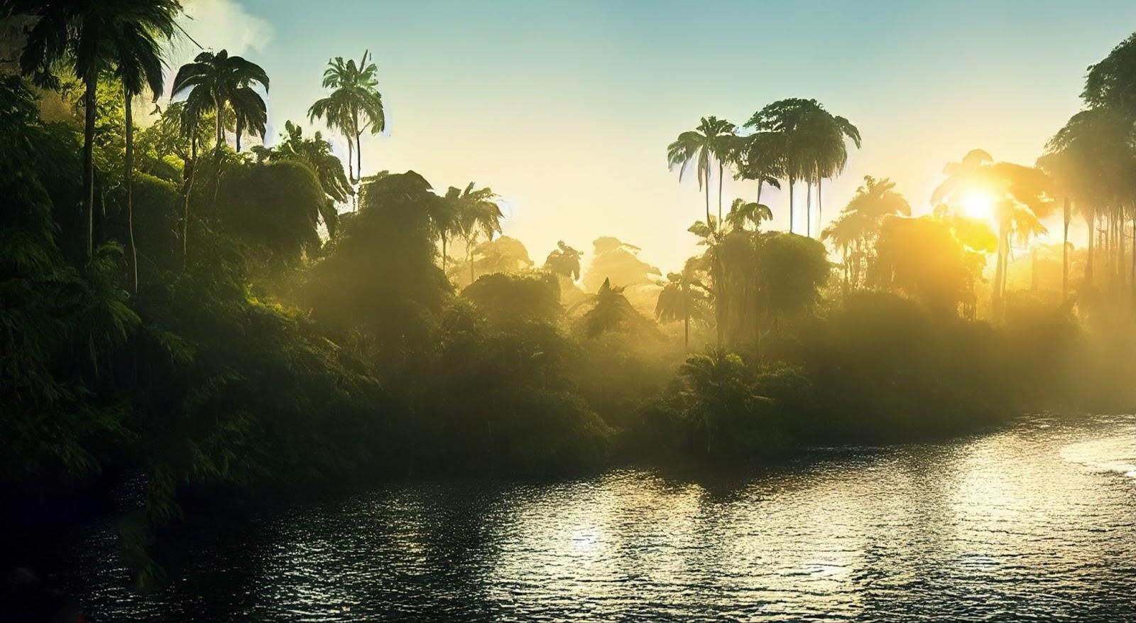 beautiful sunrise seen from the amazon river with haze