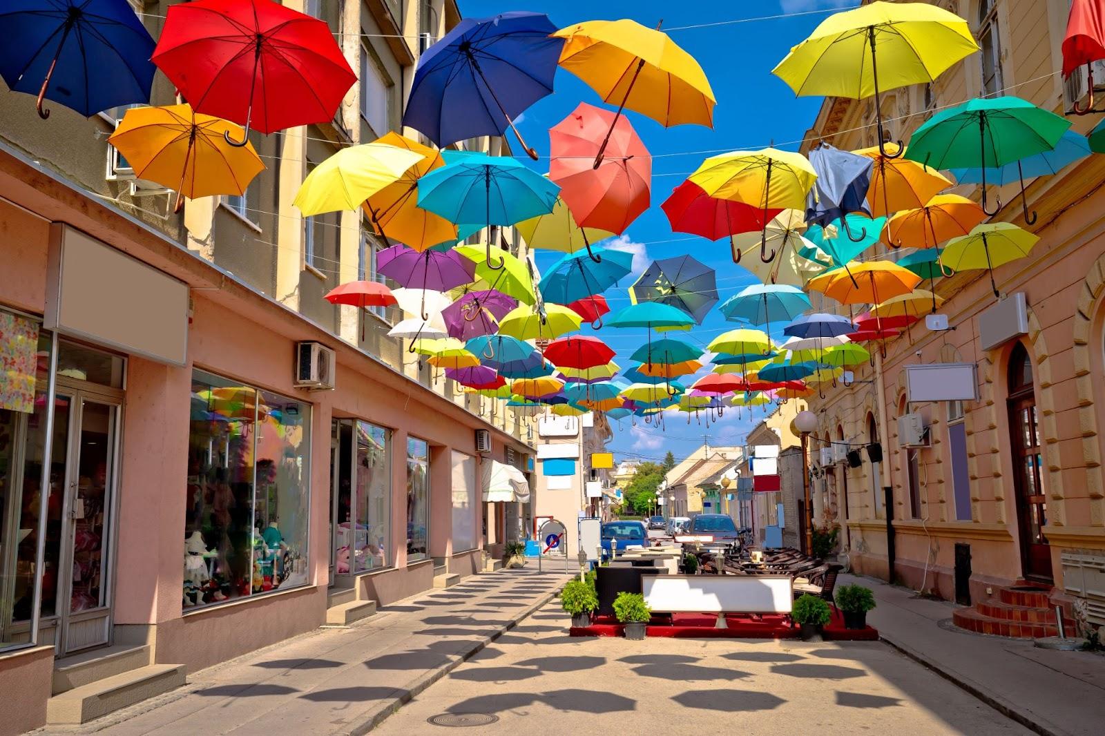 Town of Sombor colorful umbrella street, Vojvodina region of Serbia