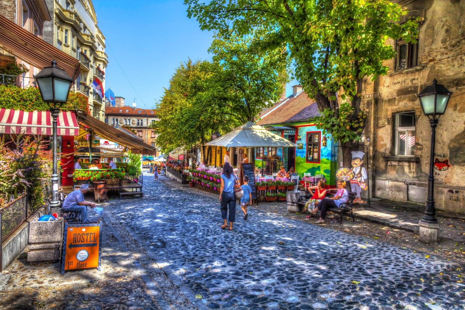 Restaurant Hat my in Skadarska street  in Belgrade. Old restaurants, cobblestones and lots of greenery. 