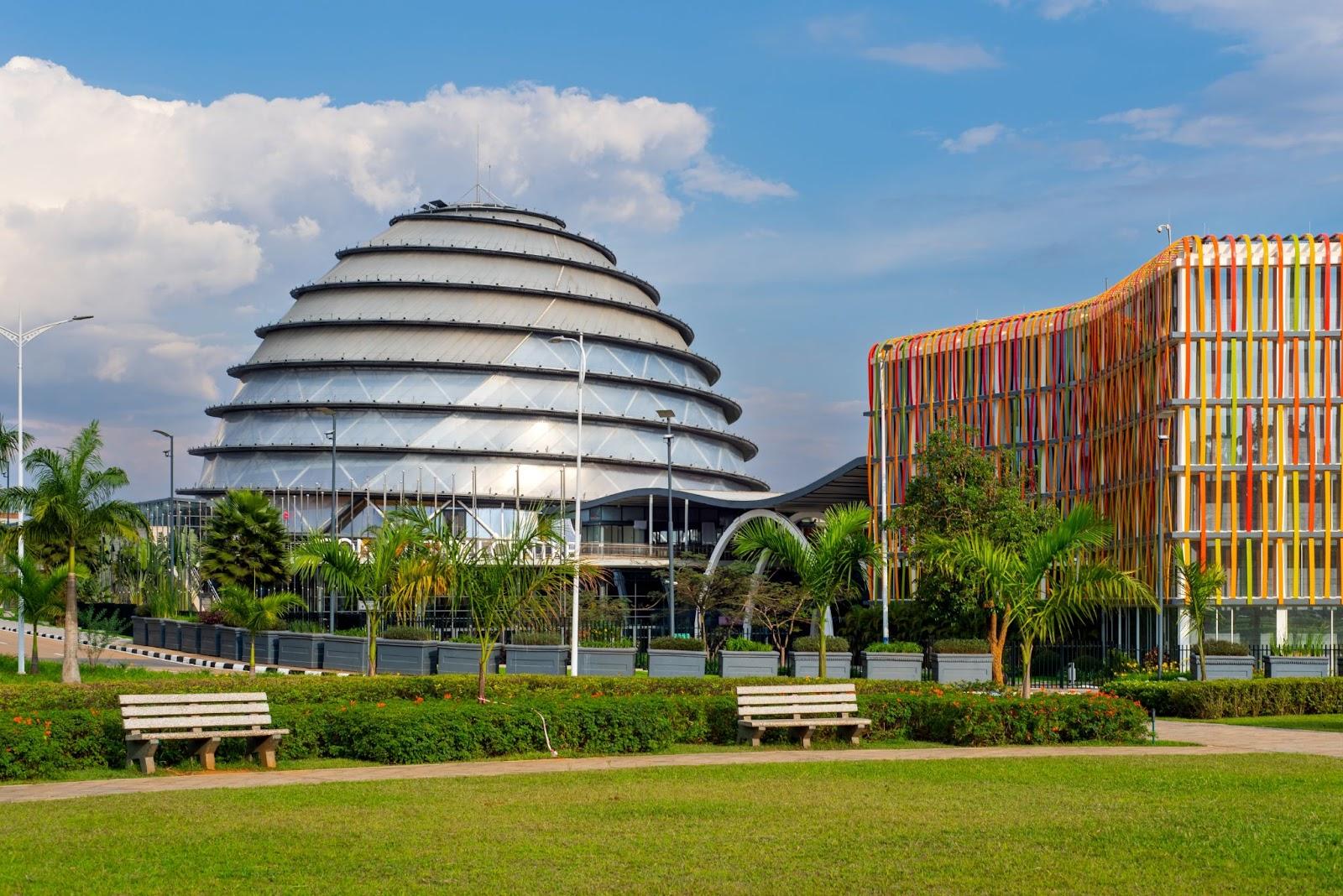 Kigali Convention Centre in Rwanda on a sunny day. 
