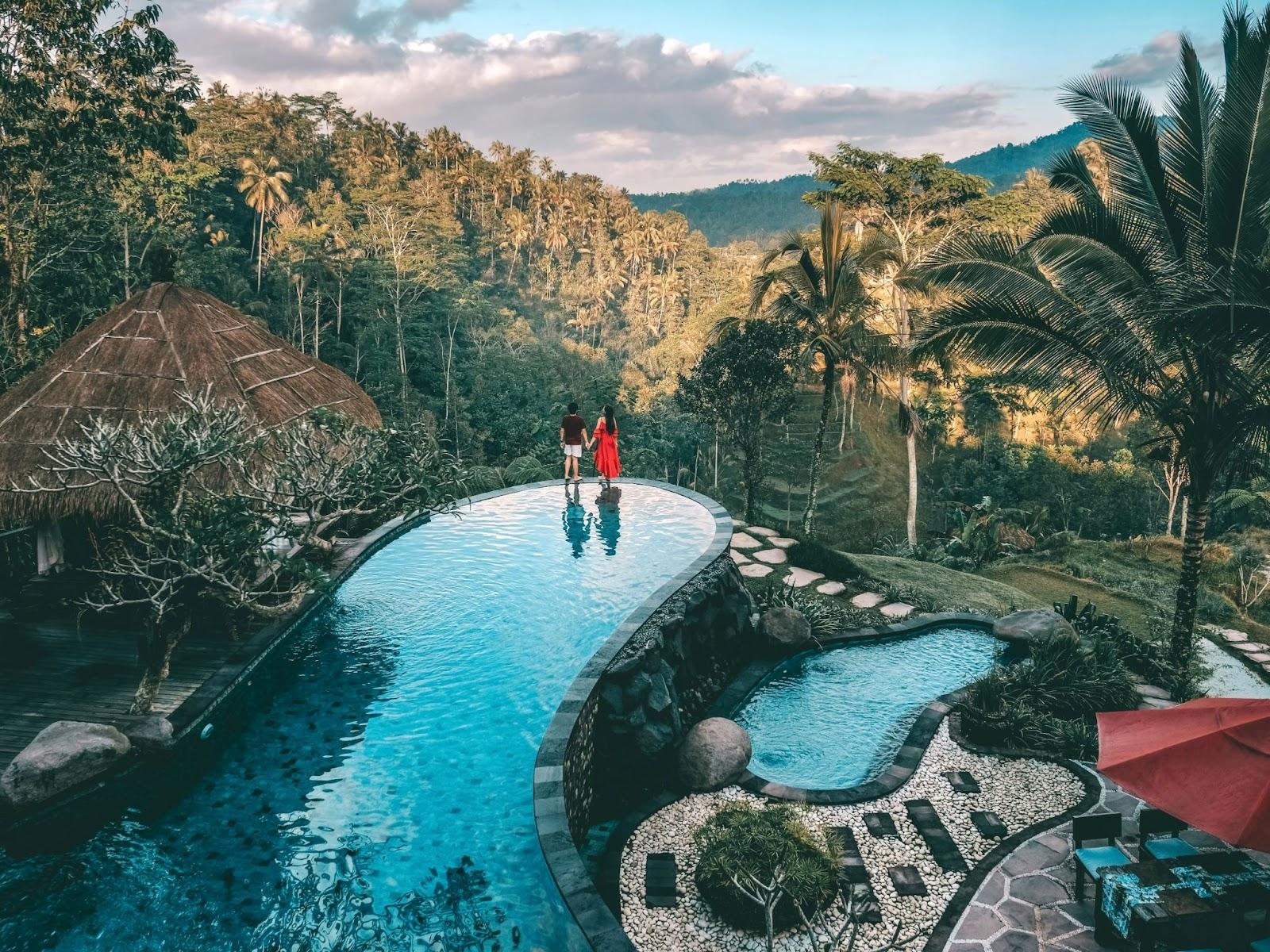 Holiday Weekend relaxing in luxury with tropical Jungle villa resort luxurious swimming pool Bali , Indonesia - Valentines