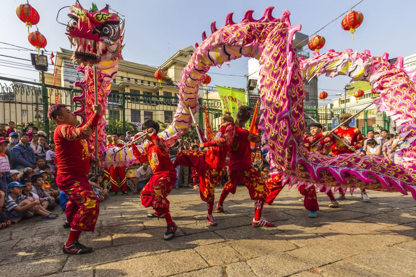 Dragon and lion dance show in  Lunar New Year festival.