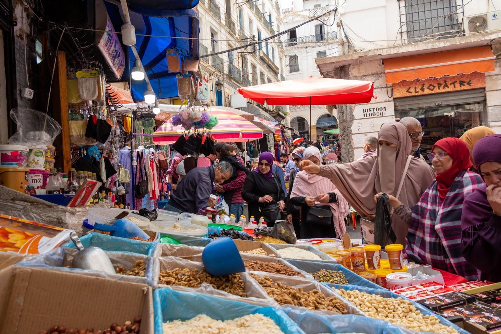 crowded street market in the Bab el Oued district of Alger, Algiers,