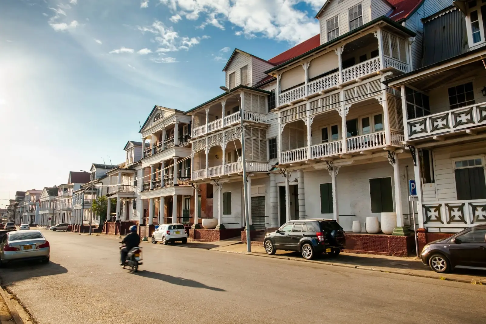 PARAMARIBO, SURINAME. Old colonial buildings on Waterkant or Waterside street in the evening sun