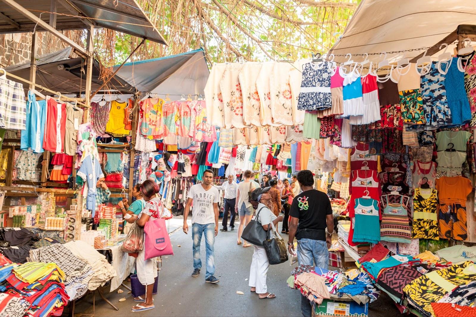 Market Street in Port Louis, Mauritius, People are selling clothes