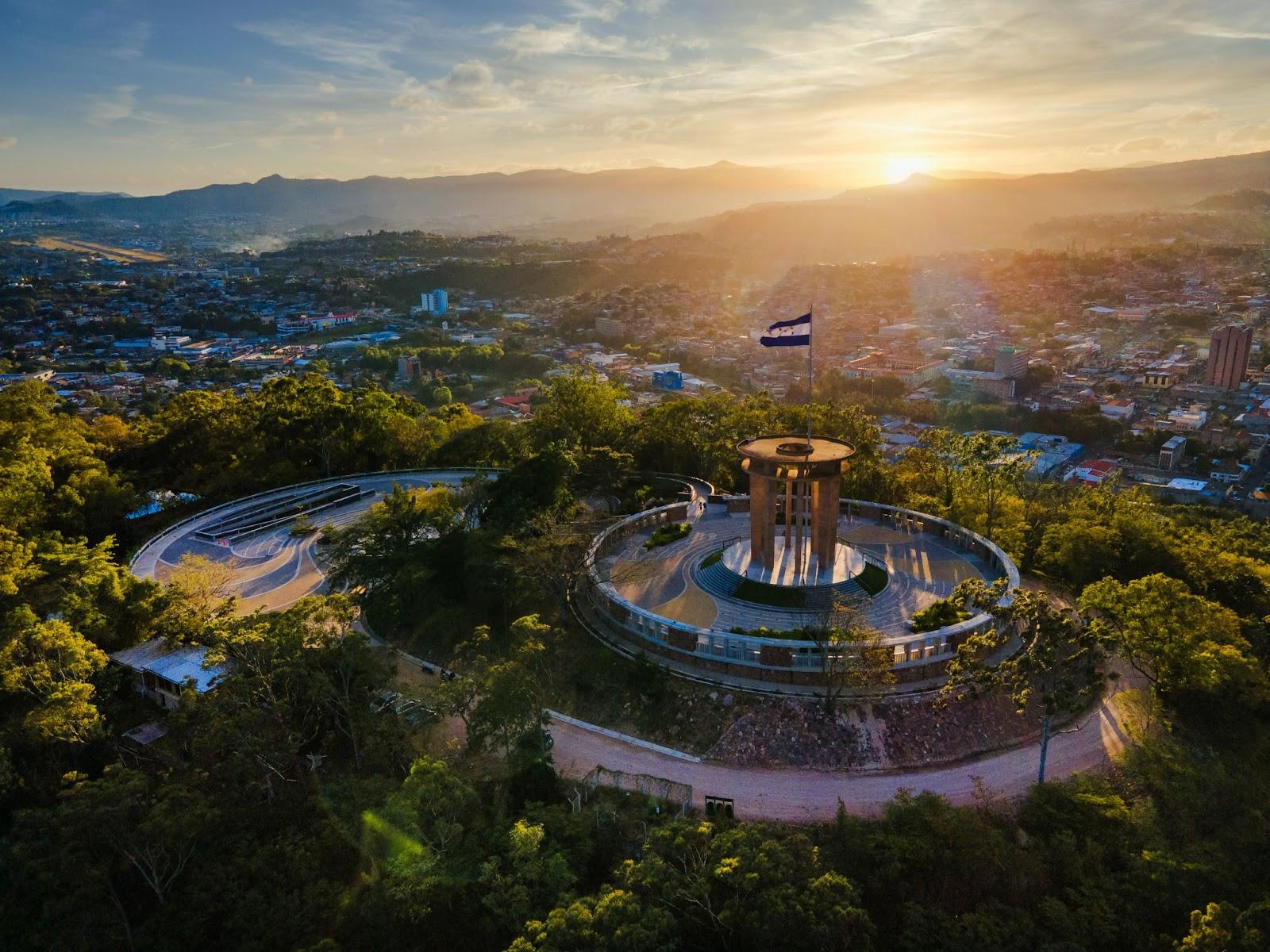 Sunset with Flag of Honduras in Tegucigalpa