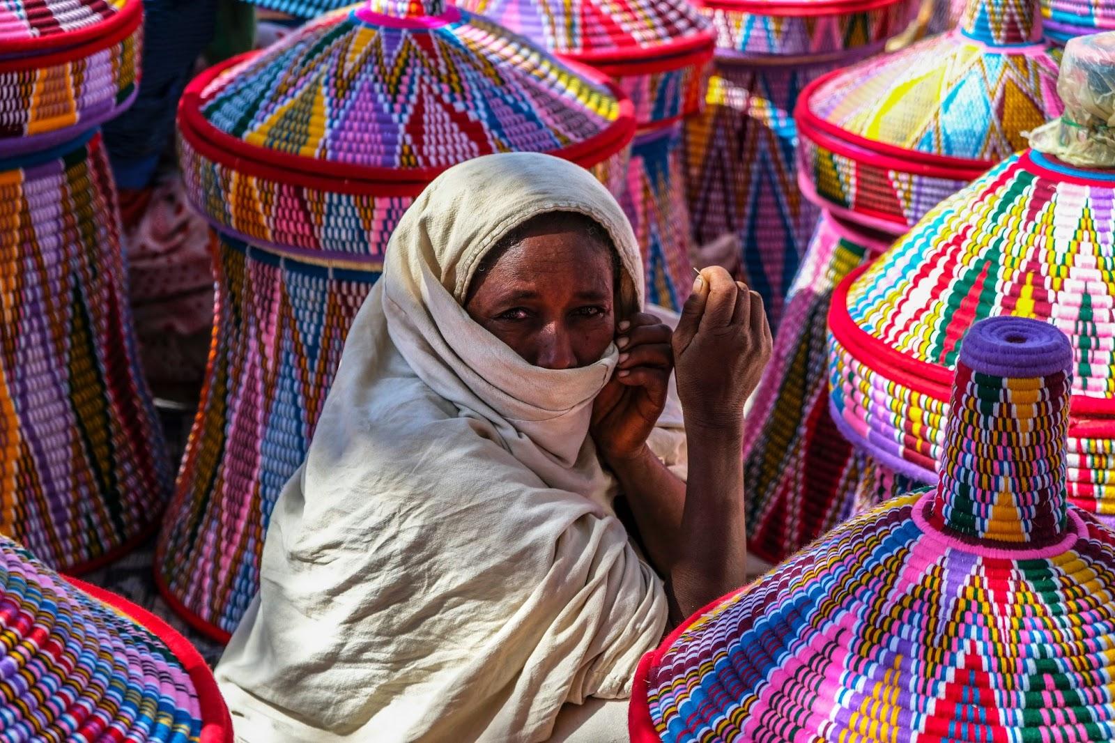 Ethiopian women selling baskets in the Aksum basket market