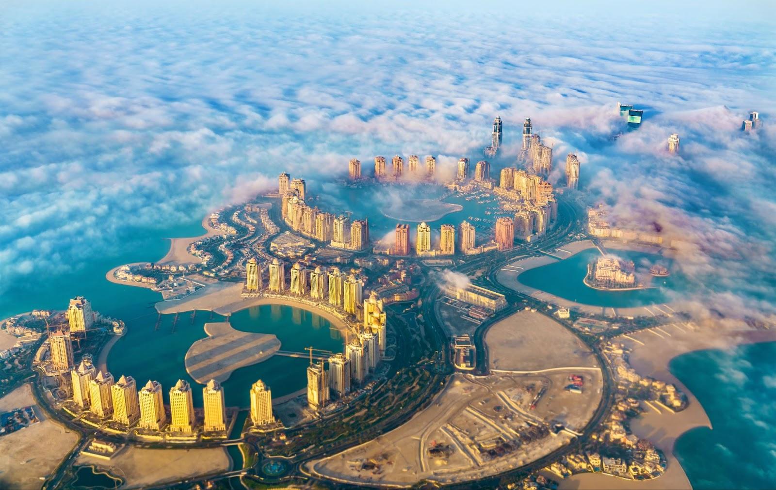 Aerial view of the Pearl-Qatar island in Doha through the morning fog. Qatar, the Persian Gulf