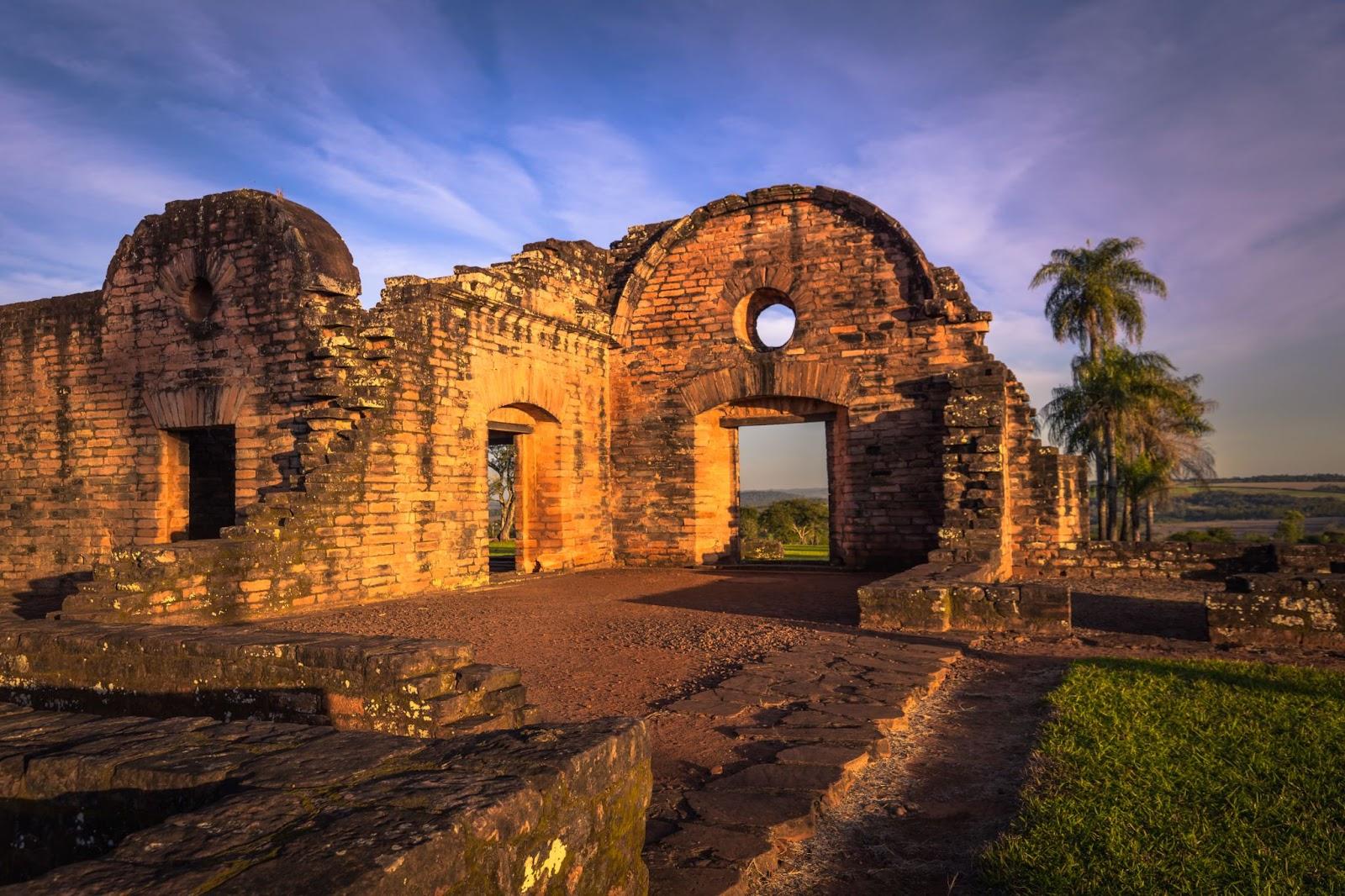 Inside the ancient Jesuit ruins of the Mission of Jesus de Tavarangue, Paraguay.