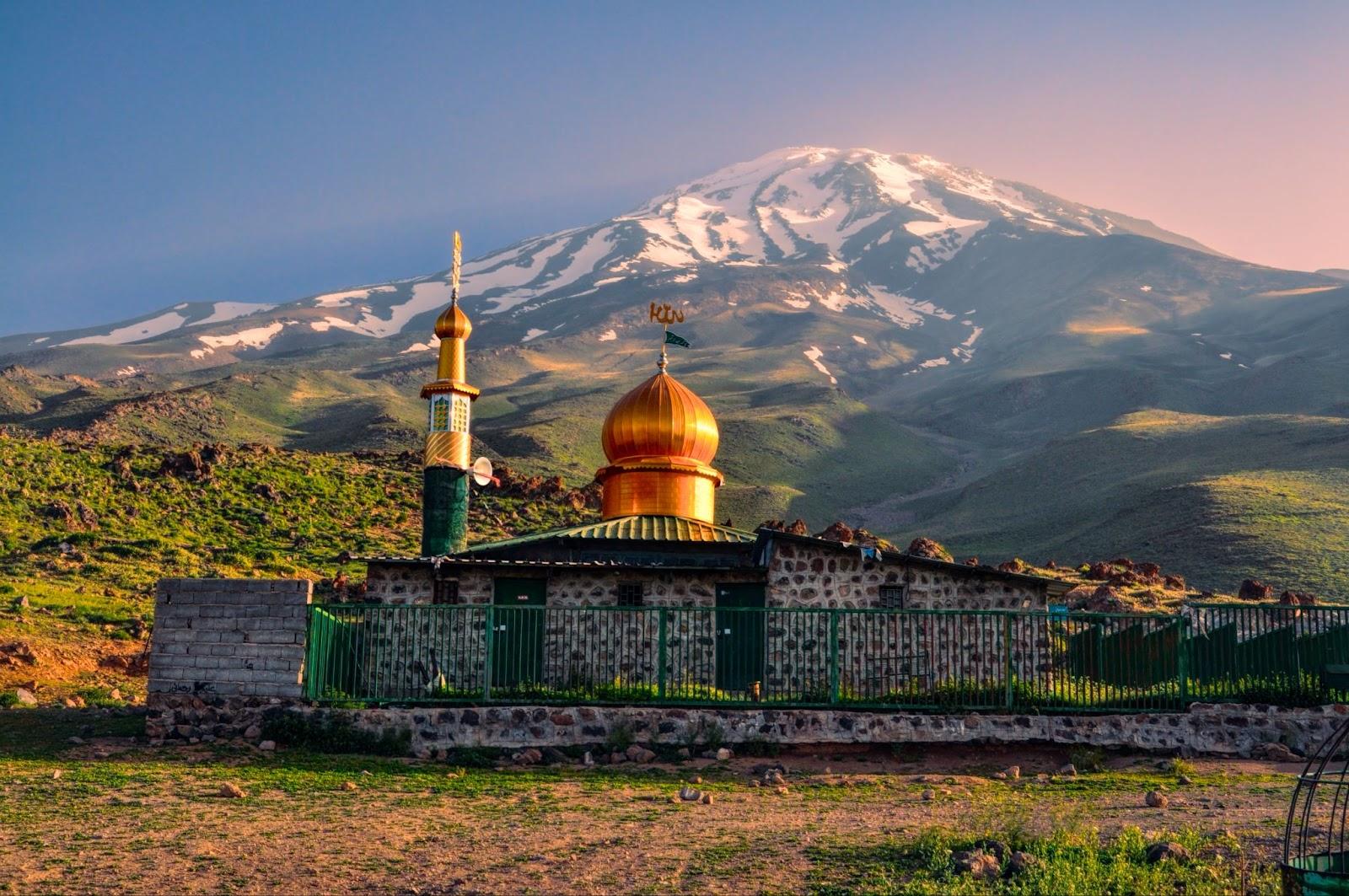 Picturesque mosque underneath volcano Damavand, highest peak in Iran