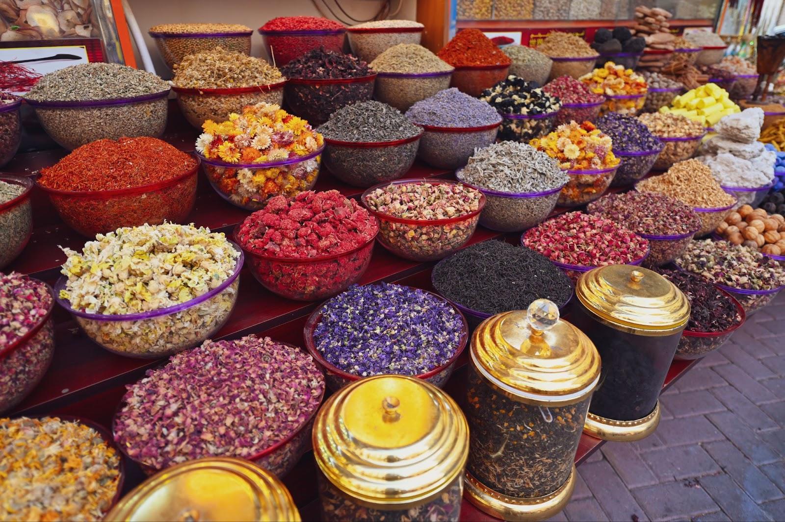 oriental spice souk. colorful containers with spices Qatar