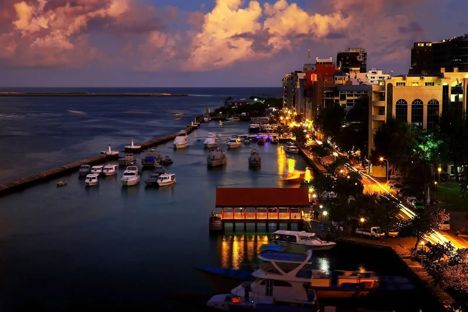 evening panorama of Male with jetty and street