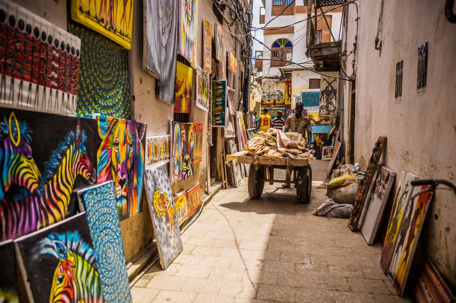 Stone town cityscape, people on the street of Stone Town, Zanzibar. 